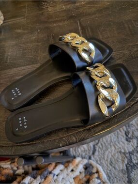 a new day Black Slide Sandals with Gold Chain Detail